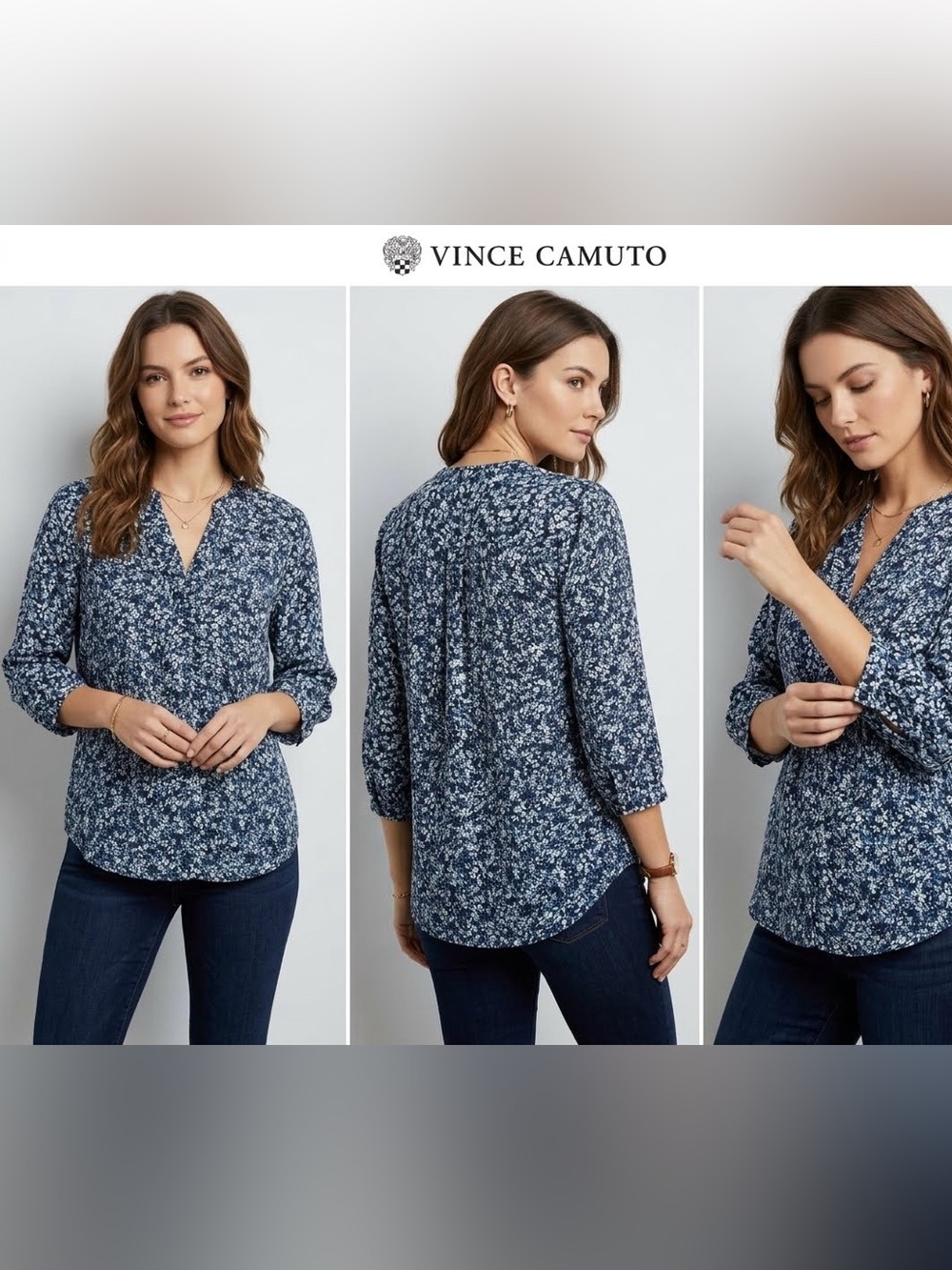 Vince Camuto Blue Navy Floral Split Neck Blouse Leaf Print M